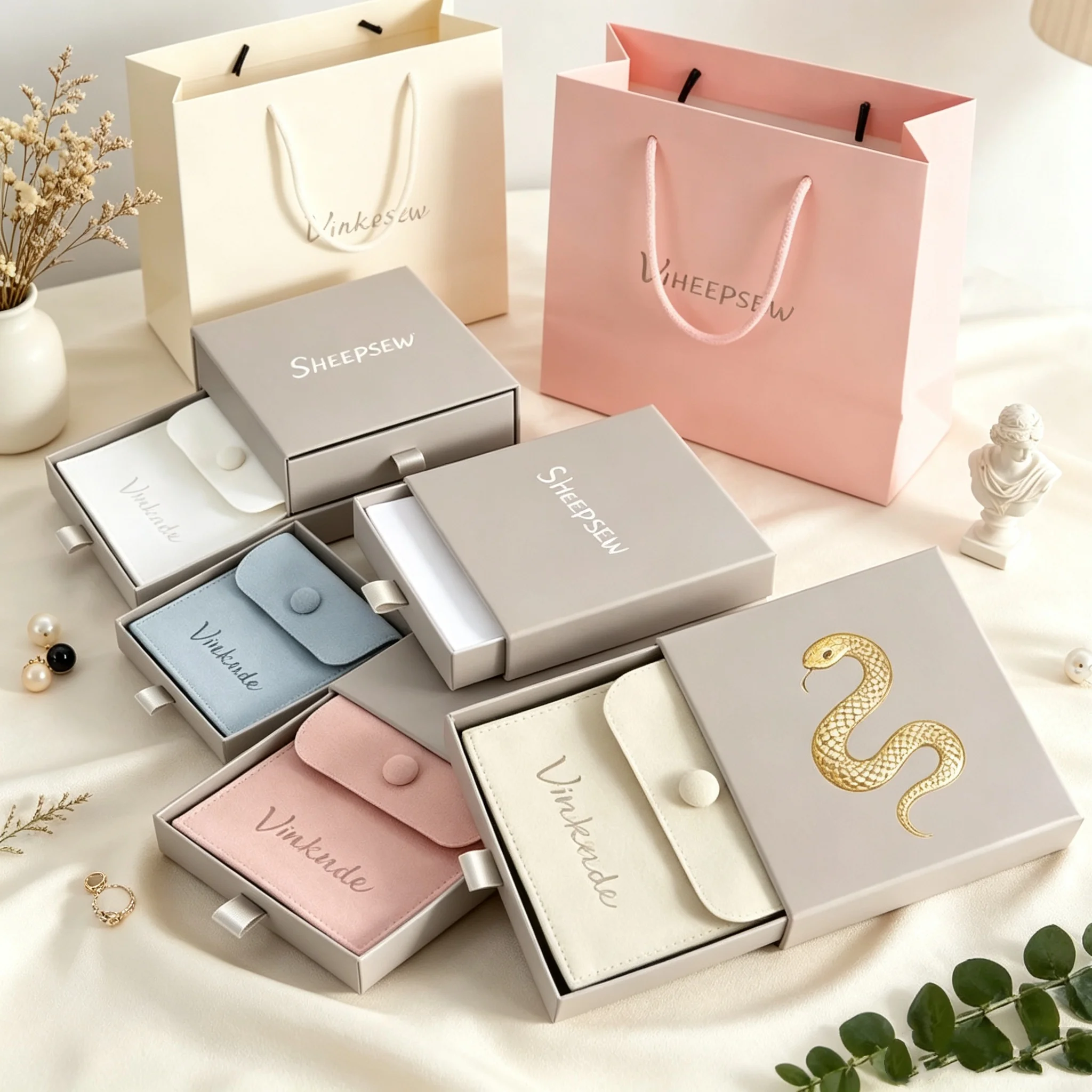 SHEEPSEW 24/50/100Pcs Luxury 7x9x2.5cm Sliding Drawer Jewelry Gift Boxes With 6x6cm Microfiber Snap Pouches For Necklace Rings E