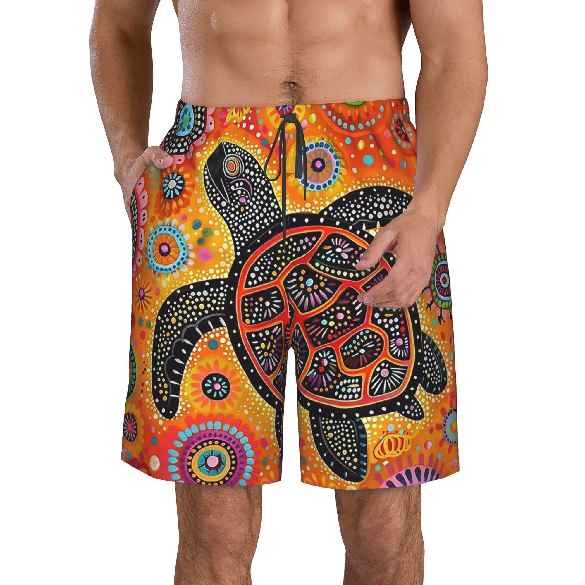 Aboriginal Indigenous Turtle Dot Painting Art Trunks Beach Board Shorts Casual Quick Dry Swim Summer Men Pants