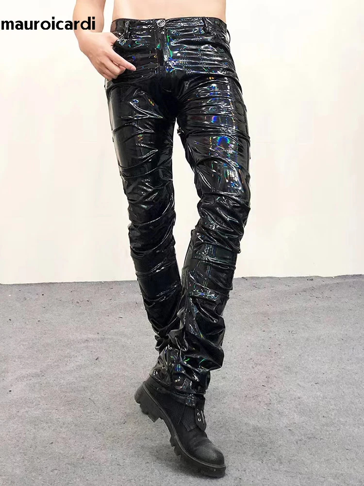 Mauroicardi Spring Autumn Long Cool Black Holographic Shiny Reflective Stretchy Soft PVC Faux Leather Stacked Pants for Men 2025
