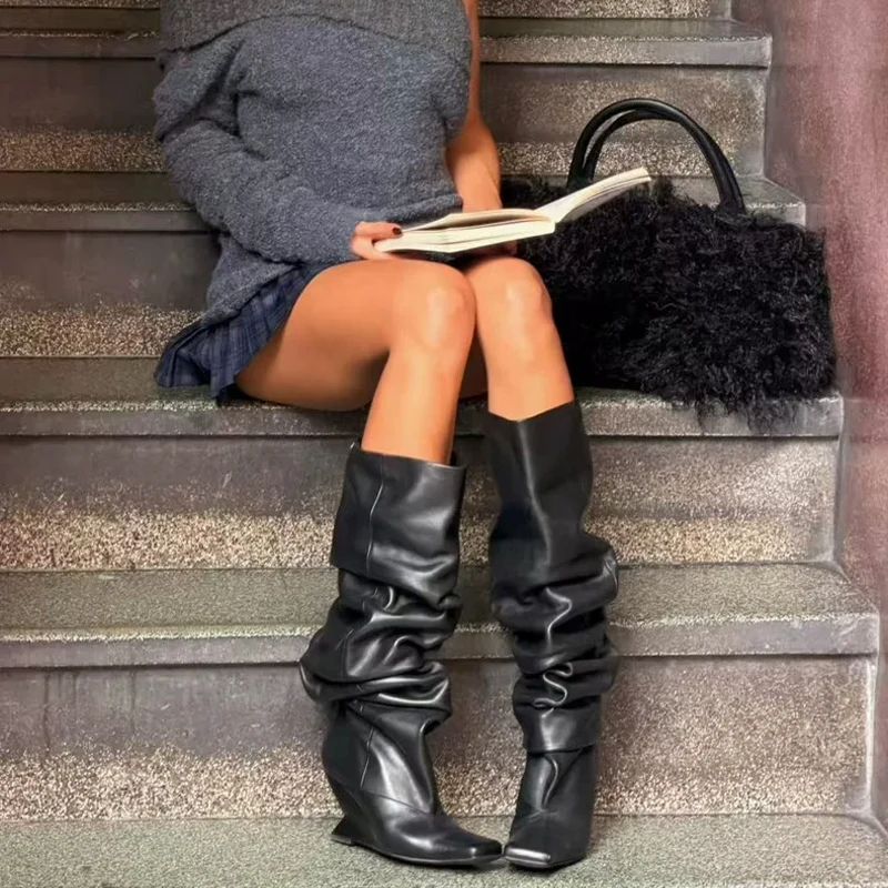 2026 Women's Shoes 7 cm New Pleated Wedge Heel Square Toe Knee High Boots Fashionable Thick High-heeled Women's Long Boots