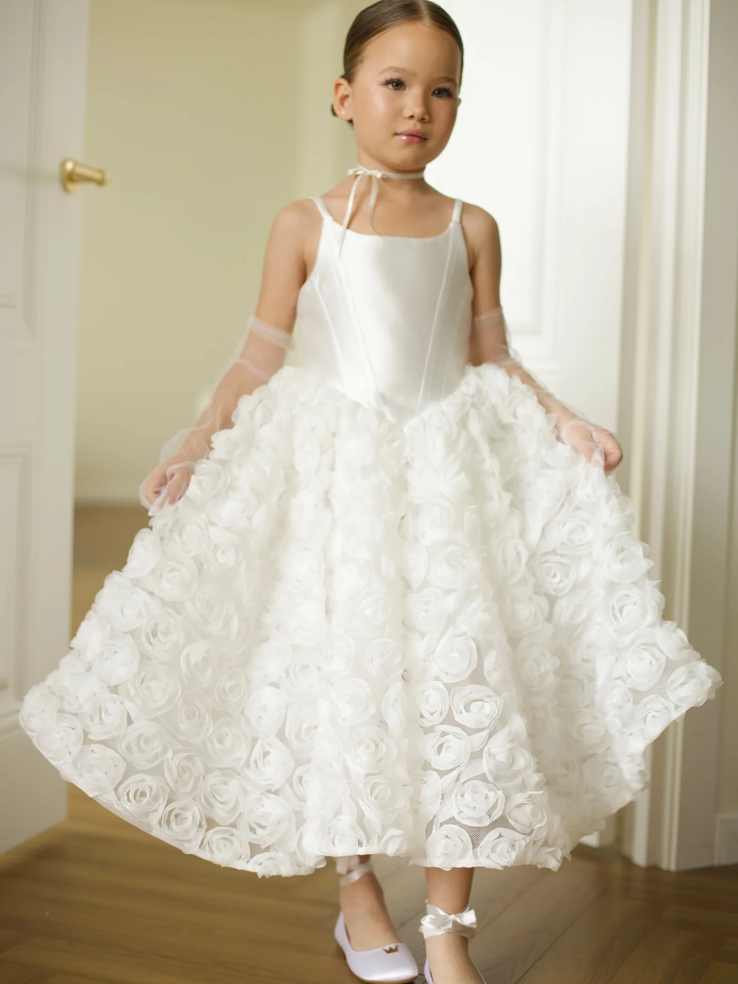 Elegant Flower Girl Dress for Wedding Floral Spaghetti Strap Tea Length Communion Dress Long Birthday Party Ball Gowns Satin