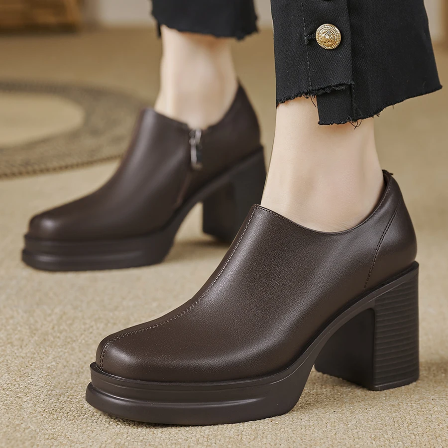 LIHUAMAO Leather thick outsole loafer Shoes chunky Block Heel women high heel shoes platform Pumps casual