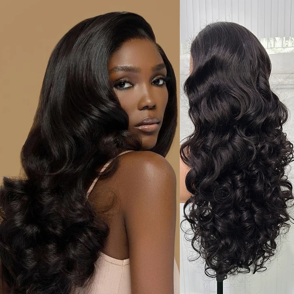 100% Raw Virgin Human Hair Body Wave 5X5 Hd Lace Closure Wigs Glueless 250% Density 30" Black Bouncy Wave 13X4 Lace Frontal Wigs