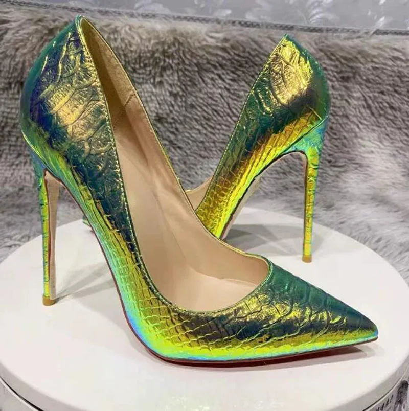 Fashion Laser Shiny Python Pointed Toe Pumps Woman Sexy Thin High Heels Banquet Shoes Woman Footwear