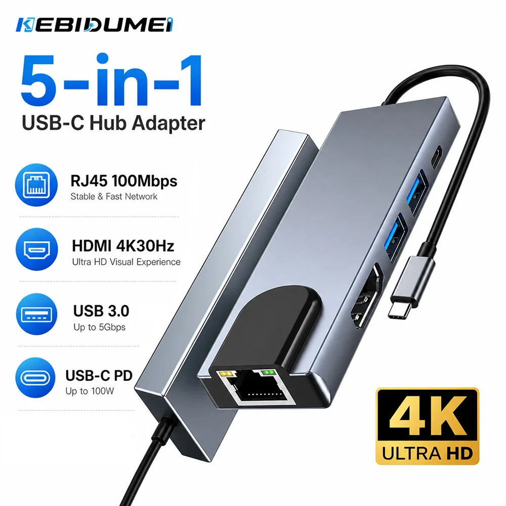 KEBIDUMEI 5 in 1 Ethernet Hub USB C Docking Station Type C  to HDMI 4K RJ45 100Mbps PD100W USB 3.0 Splitter for Laptop MacBook