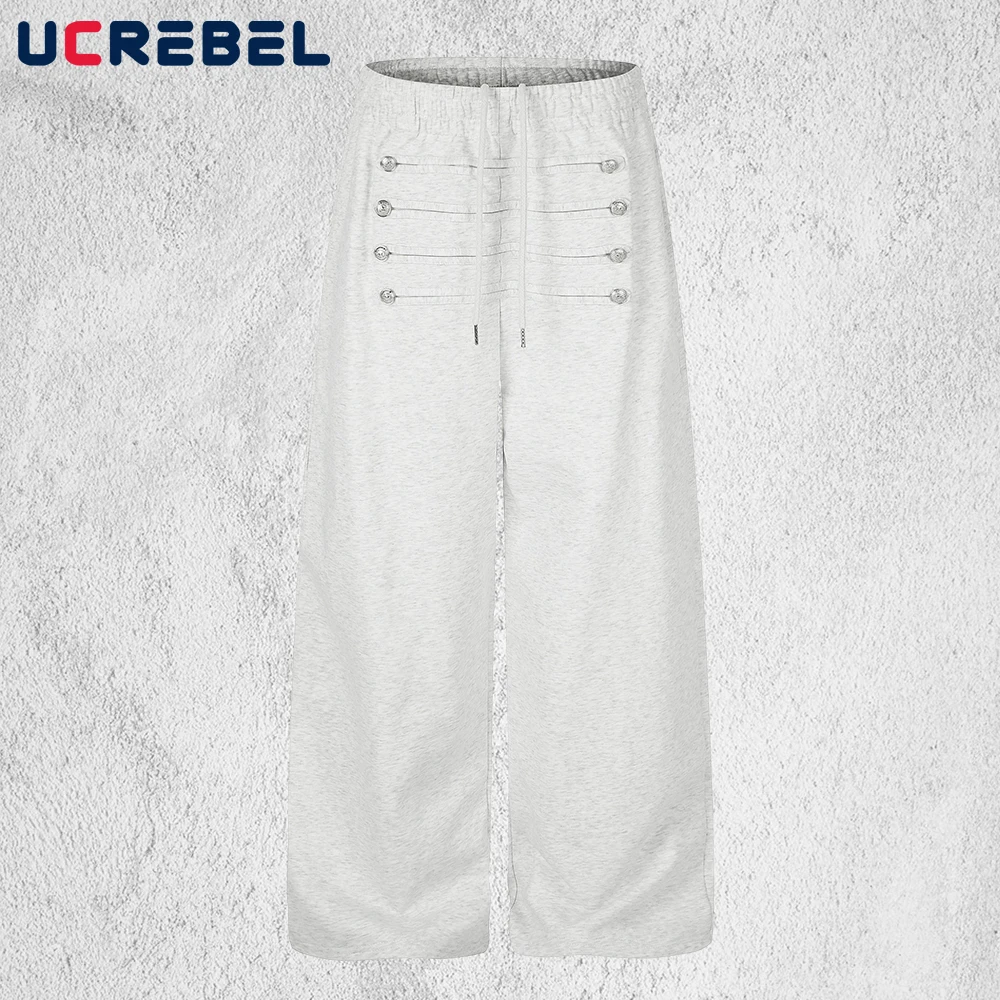 Double Breasted Sweatpants Mens Elastic Waist Casual Straight-leg Sports Trousers Man