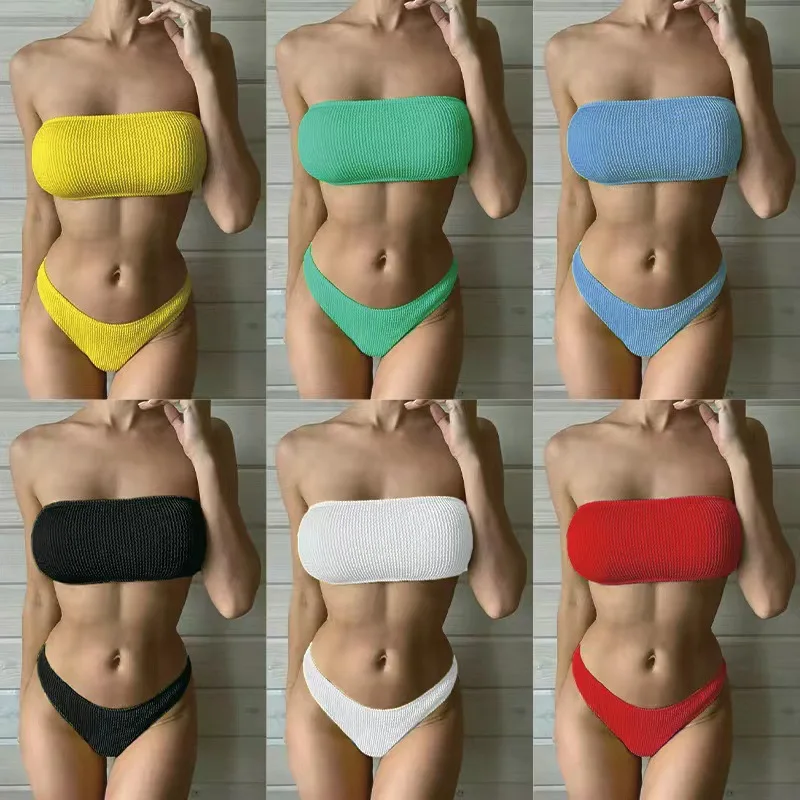 Bathing Suit Women European And American Swimsuit Women's Solid Color Snake Cloth Tube Top High Waist Bikini Sexy Bikini