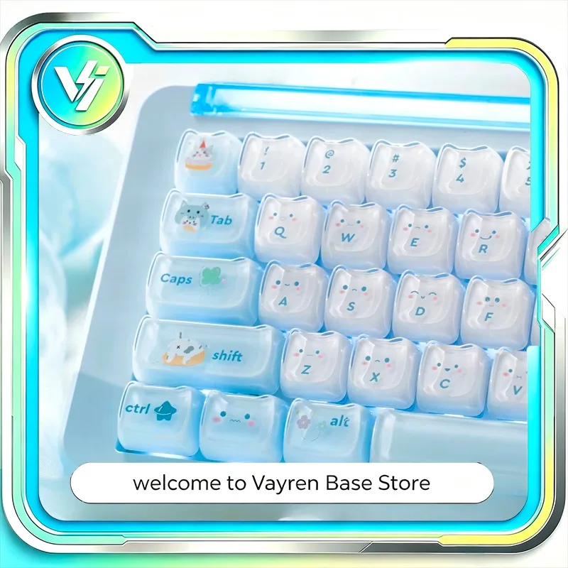 Crystal Yugui Meow Keycap Set PC Two Color Jelly Pudding Cat Ear Pink Blue Keycaps for Custom Mechanical Keyboard Gaming Setup