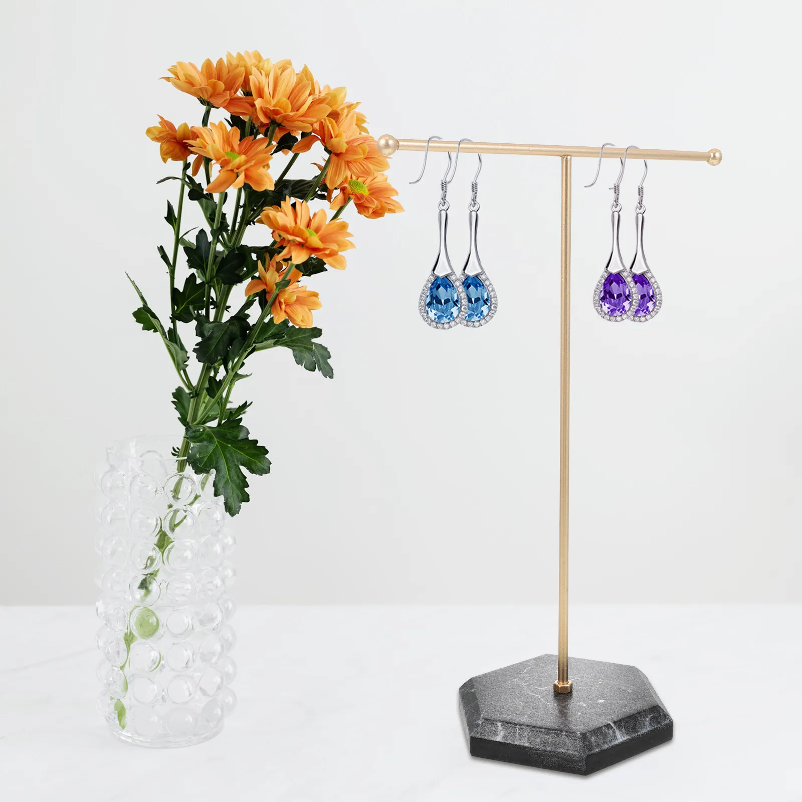 Jewelry Display Rack T-Bar Earring Holder Marble Base Sturdy Necklace Stand For Bathroom Bedroom Store Decoration