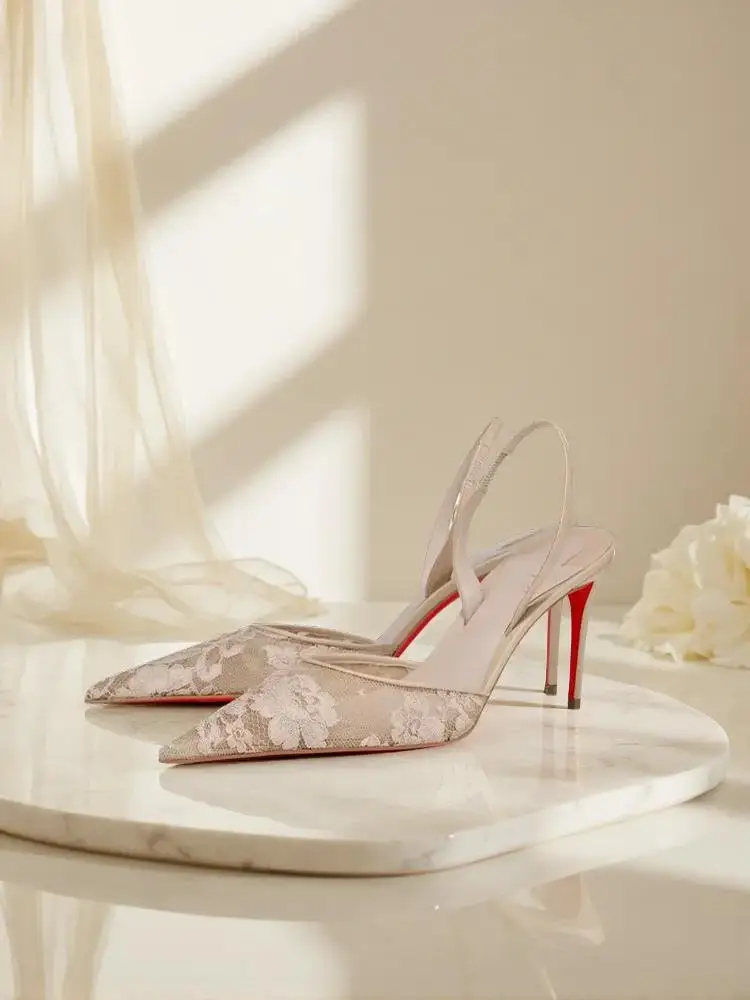 Spring and summer new pointed toe Baotou mesh lace two-wear fashion slippers banquet dress stiletto high heel women's sandals