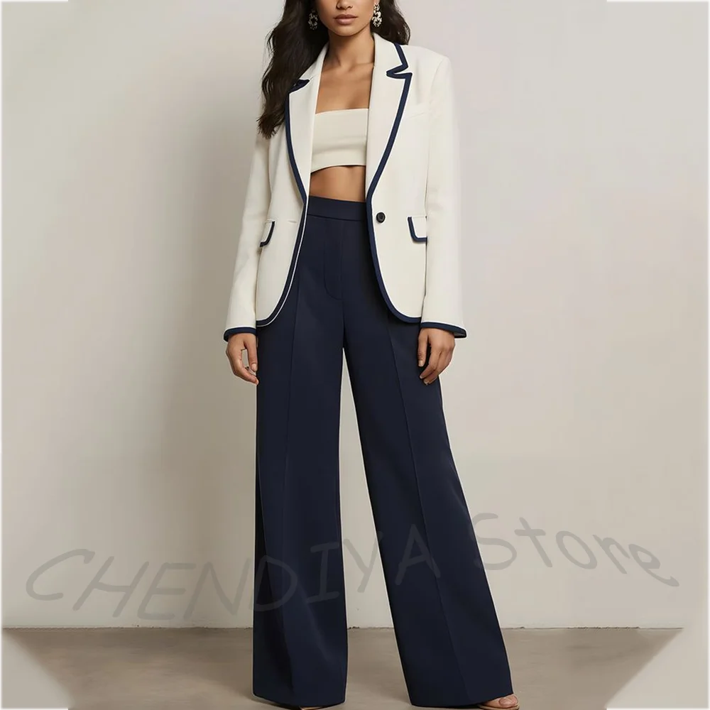 Notched Lapel Business Suits For Women White And Navy Blue 2 piece Long Sleeves One Button Office Work Pant Suits Formal Outfit