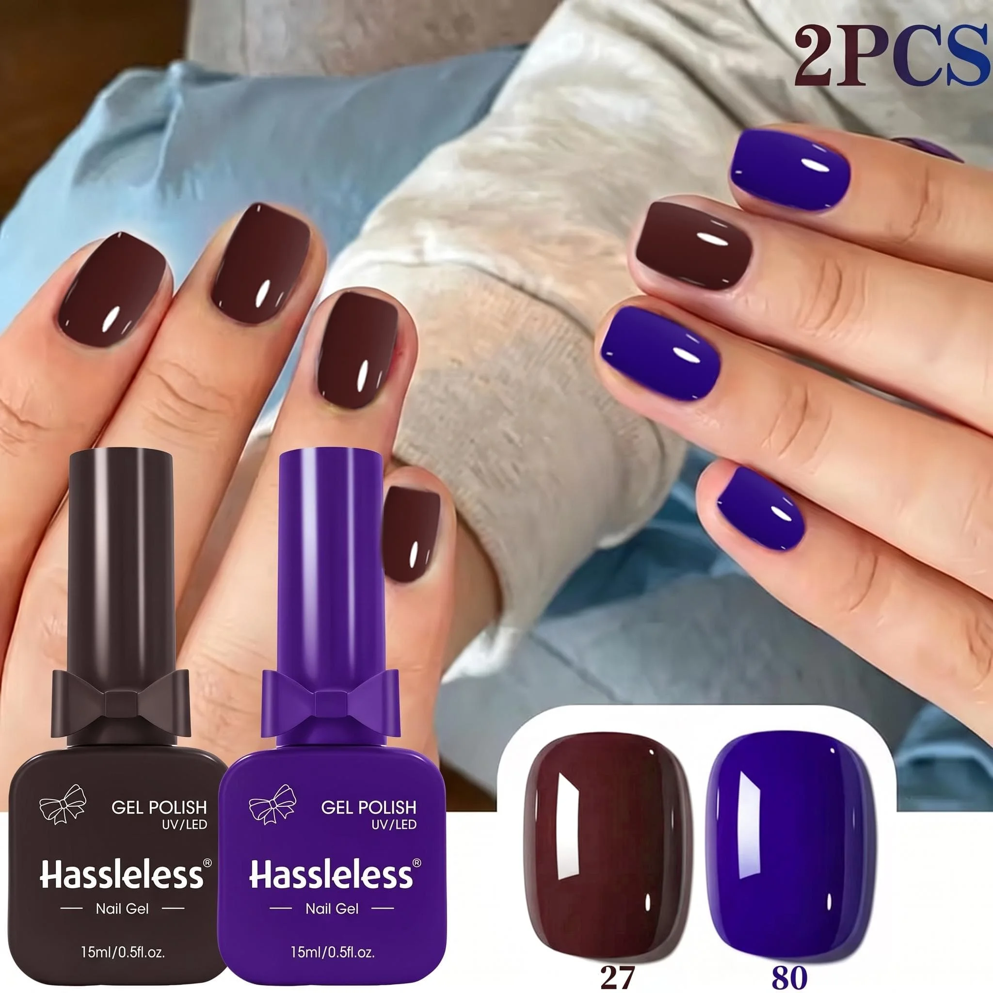 Hassleless 2-Piece Color-Blocking Nail Polish Gel Set, Vintage Dark Brown + Gemstone Purple Solid Color Nail Polish Gel, Long-Lasting Color Lock for Salon and Home DIY Nail Art