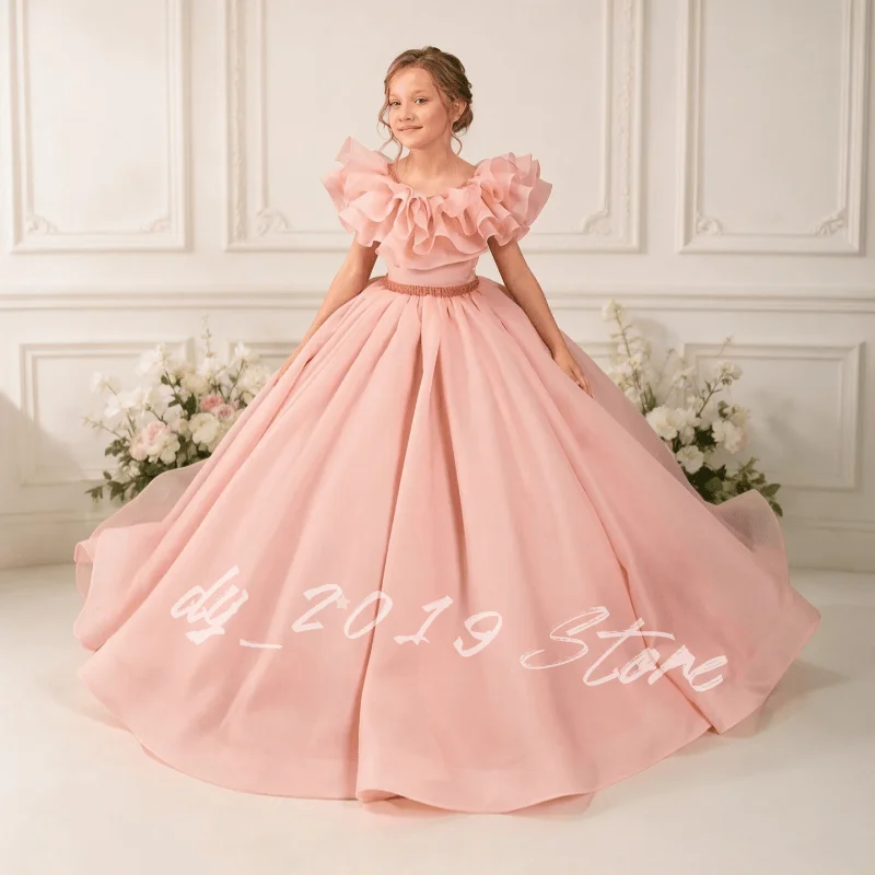 Luxury Customized Flower Girl Dress Ruffle Collar Sequined Waist Ball Princess Pageant Gown for Wedding Birthday First Communion