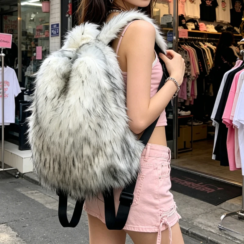 2026  Y2K Imitation Fur Backpack Sweet Kawaii Large-capacity Women's Bag Gothic Street Style Winter Leisure Travel Shoulder Bag