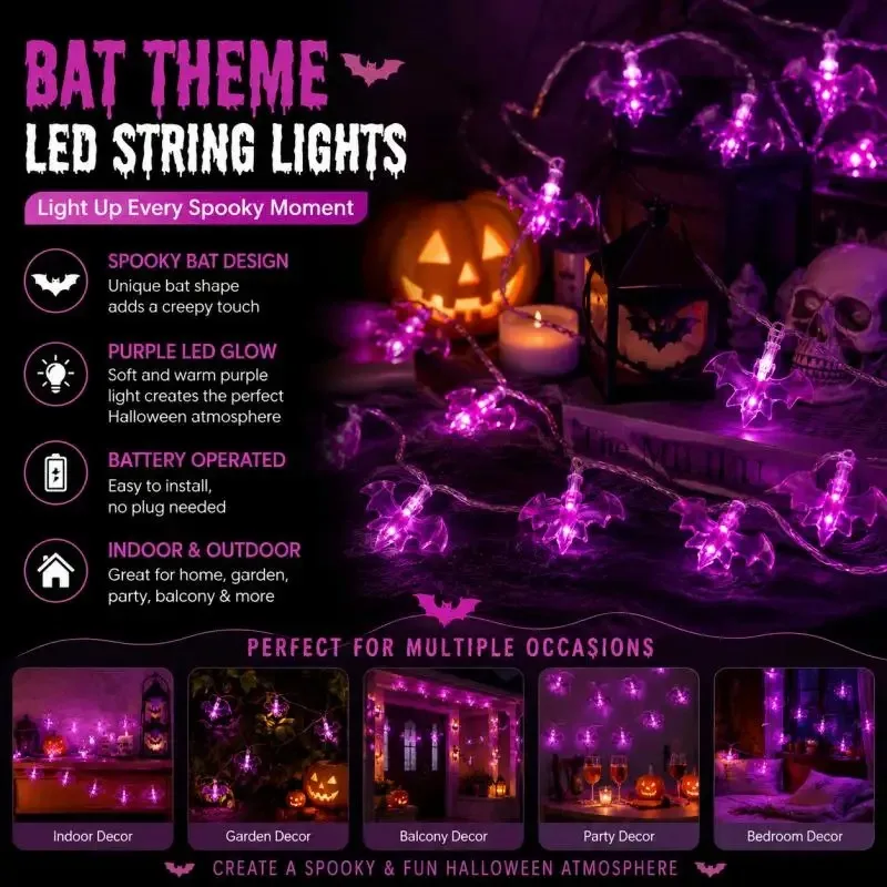 Halloween LED Bat String Lights Battery Powered Purple Fairy Light for Indoor Outdoor Garden Party Decor Holiday Decor for Home