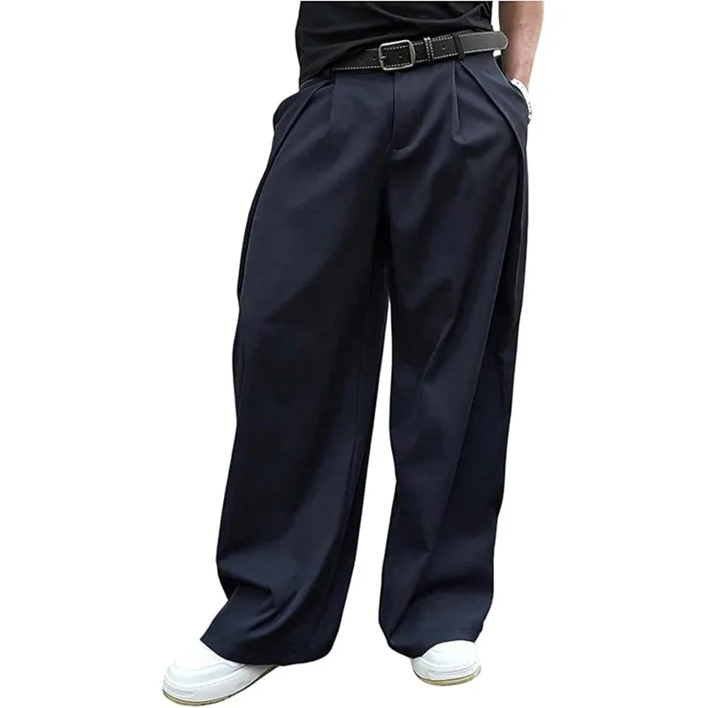 Men Solid Color Wide Leg Straight Pleated Simple Basic Casual Daily Loose Fit Trousers Male American Style Pants Bottom Clothes