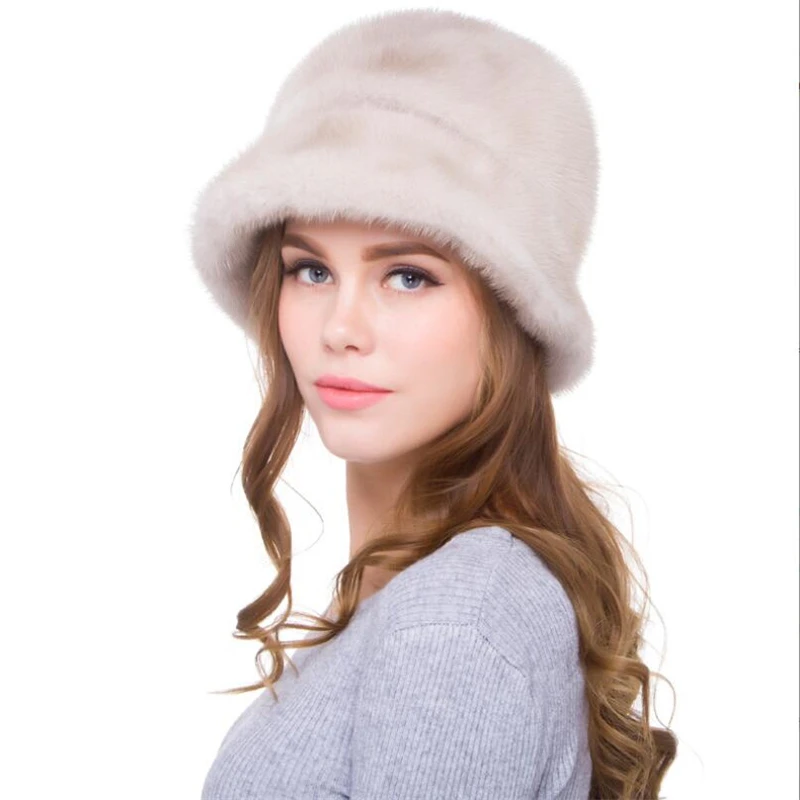 KAISHIN New Women's Full-pelt Mink Fur Hat Genuine Mink Fur Top Hat Winter Beige Bucket Hat IL00686