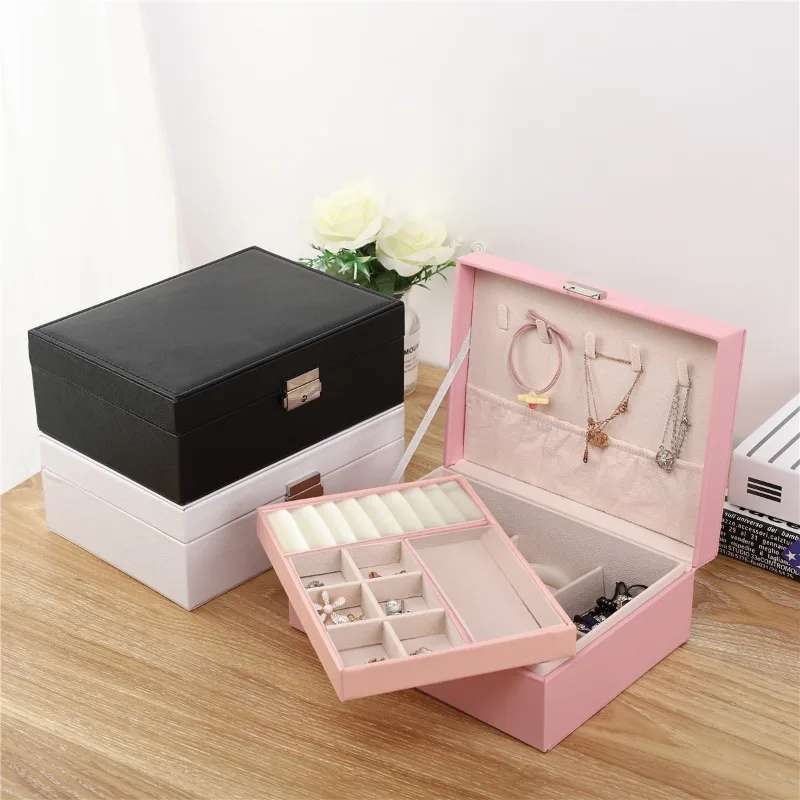 Lockable Multi-layer Jewelry Box Luxury PU Leather Storage Case for Earrings Necklace Ring Gift Box
