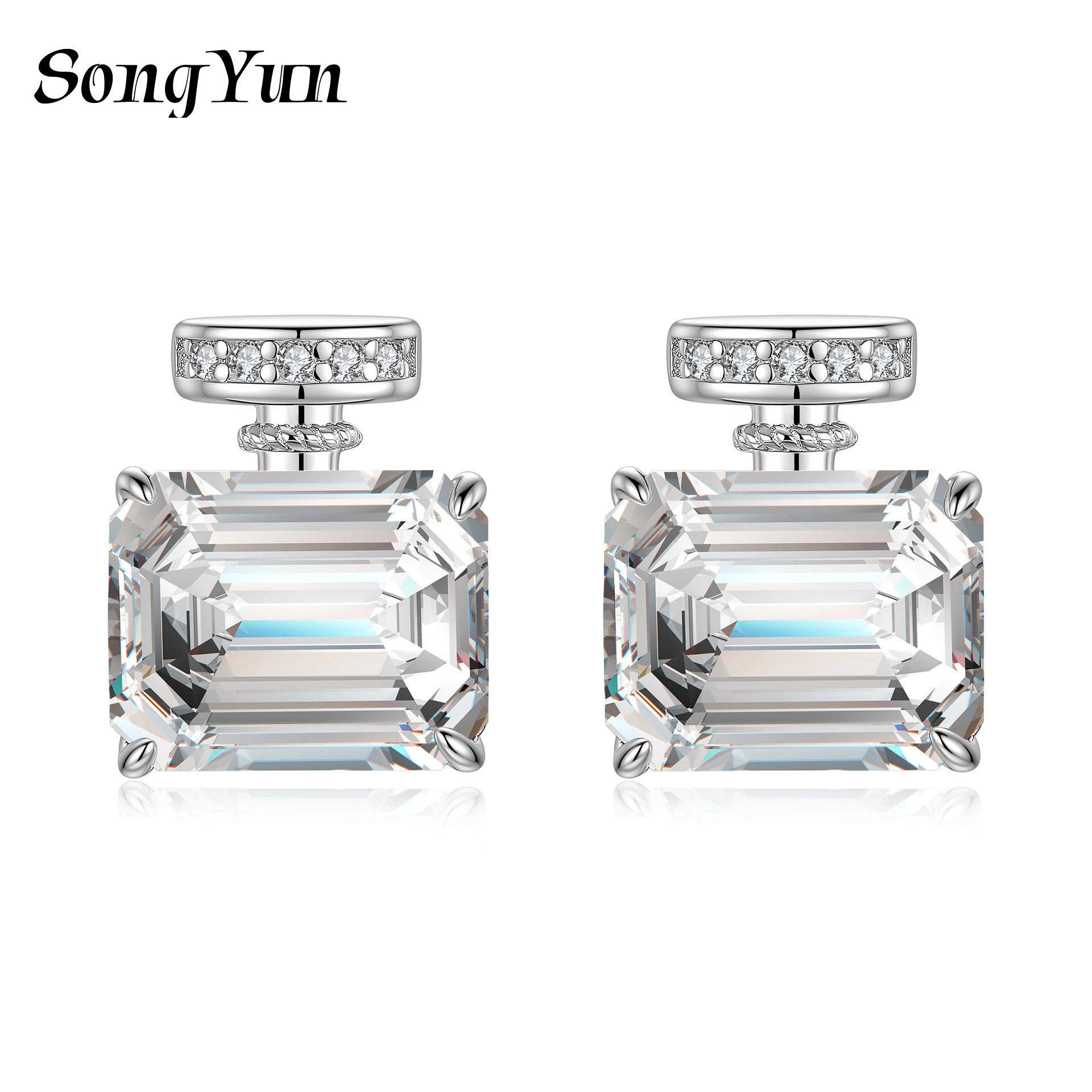 SONGYUN Moissanite Diamond Jewelry S925 Sterling Silver Perfume Bottle Stud Earrings Emerald Cut Rectangular Women Earrings Jewe