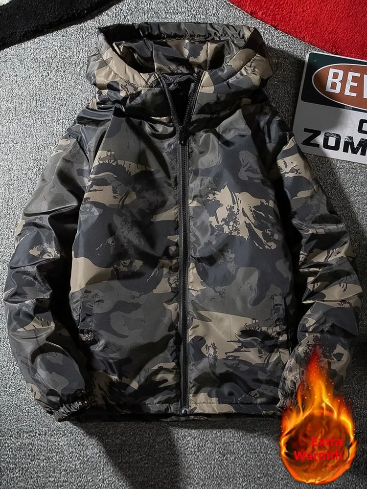 Camouflage Winter Cotton Jacket Thin Men's Wear Resistant Stainproof Warmth Youth Casual Long Sleeve Zipper Hooded Coat