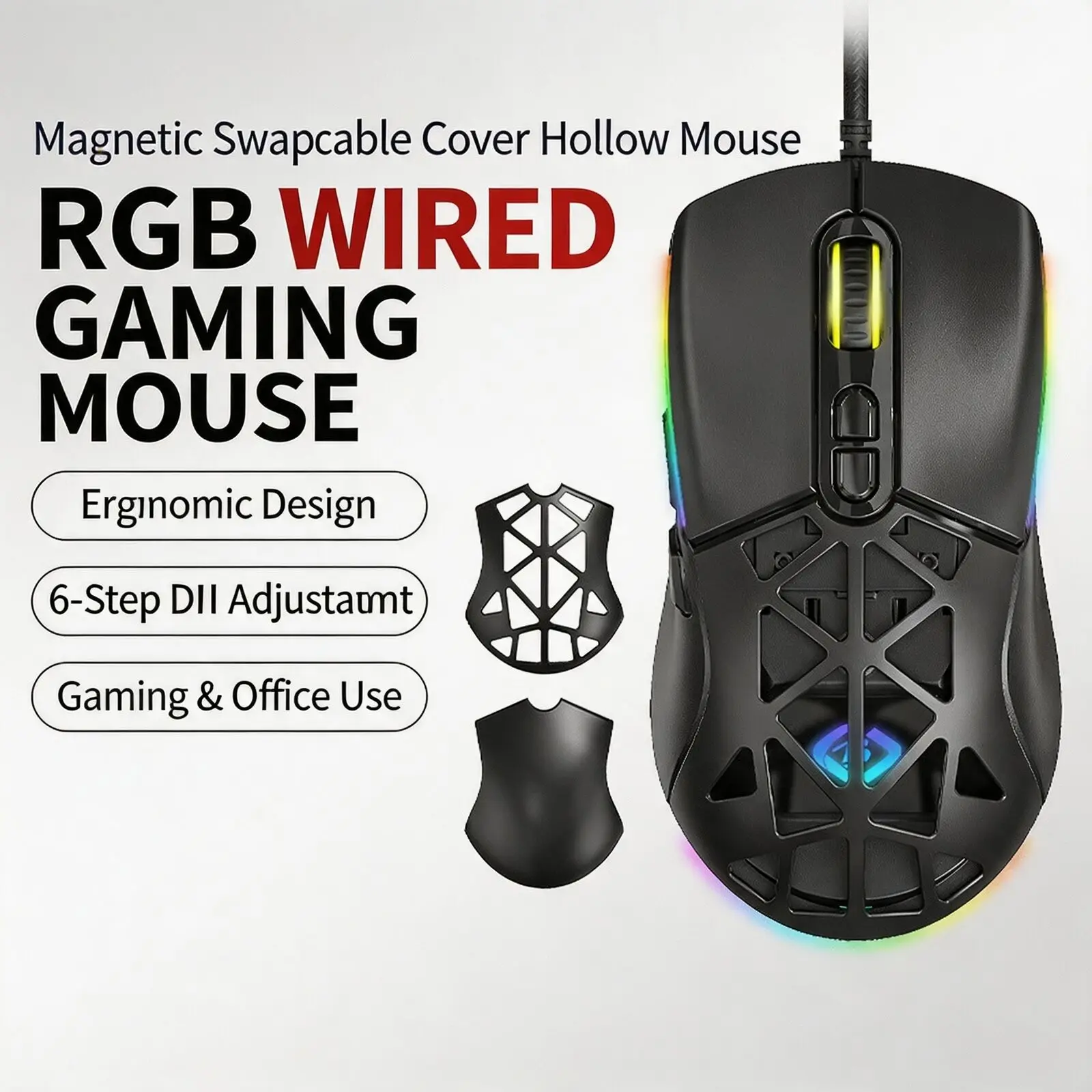 Wired RGB Gaming Mouse 13 Light Modes 6 DPI Magnetic Interchangeable Honeycomb Cover Ergonomic 7 Buttons USB Mice for PC Laptop