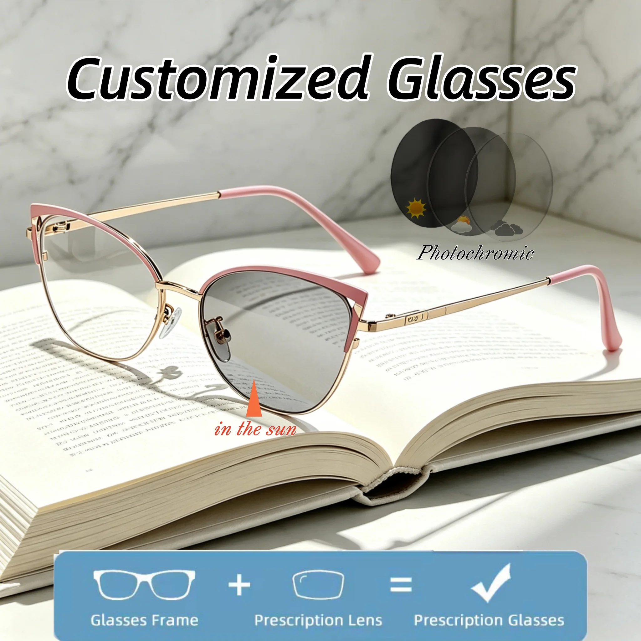 Customized Cat-Eye Metal-Frame Photochromic Myopia Eyeglasses Outdoor Street Style Anti-Blue Light Prescription Eyewear Unisex