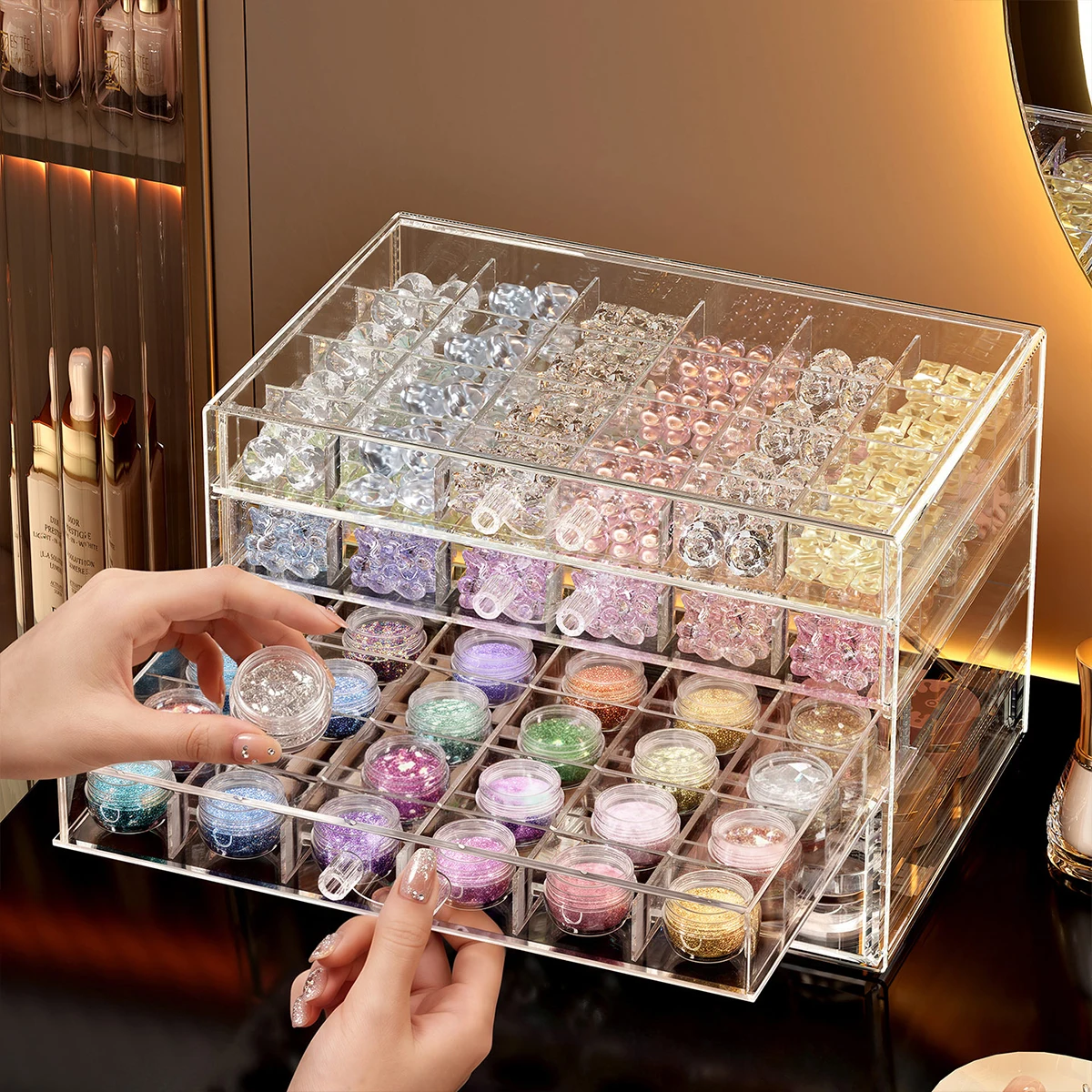 1pc Transparent 4-layer Acrylic Drawer Style 73/50 Grid Nail Rhinestone Storage Box Nail Decoration Bead Jewelry Display Box
