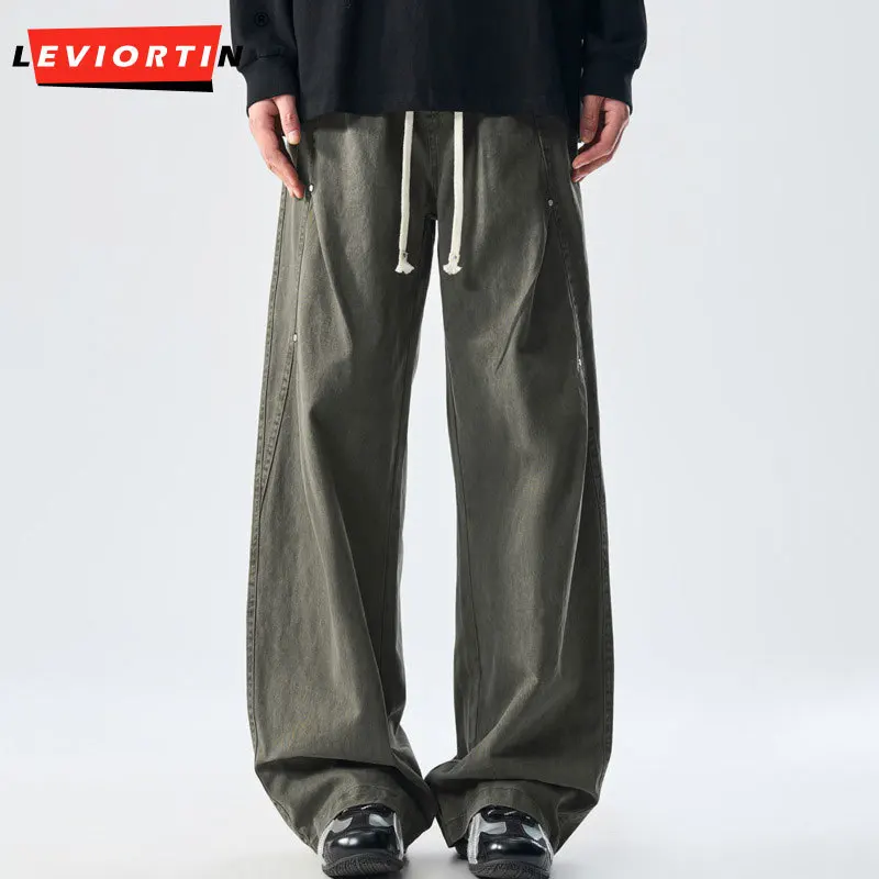 Fashionable and minimalist men's loose wide leg pants,autumn/winter new American retro straight leg multifunctional casual pants