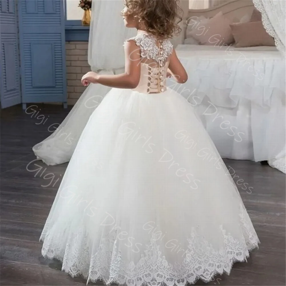 White Flower Girl Dress for Wedding 2-14 Kids First Communion Dress Lace Appliqued Tulle Custom Party Ball Gown Custom Vestidos