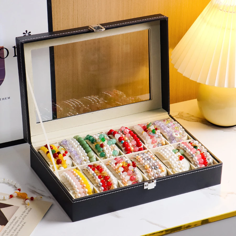 Crystal Bracelet Black Leather Storage Box DIY Bangle Jewelry Box with Cover Watch Display Box