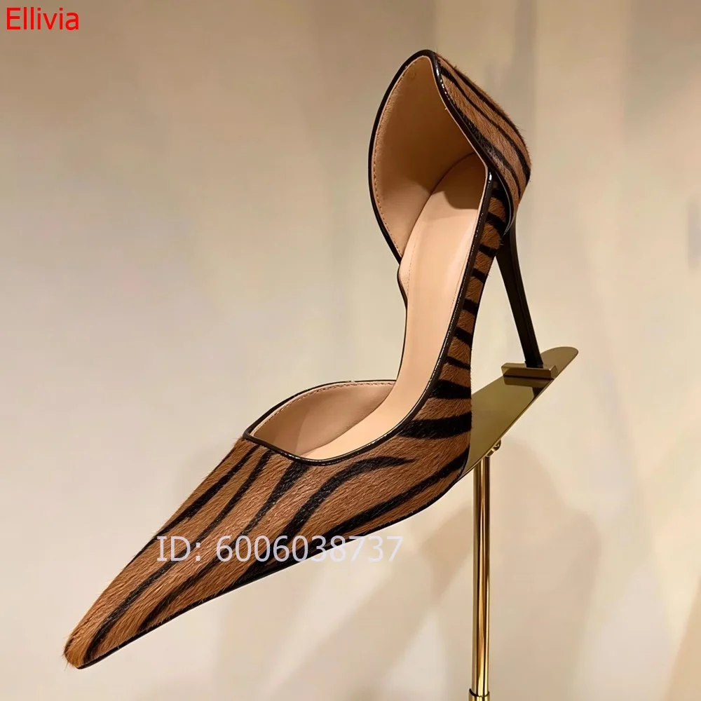 Women Zebra Print Pumps Pointed Toe Thin Stiletto Heel  Horse Hair Side Cutout Slip On Ladies Fashion  Party High Heel Shoes
