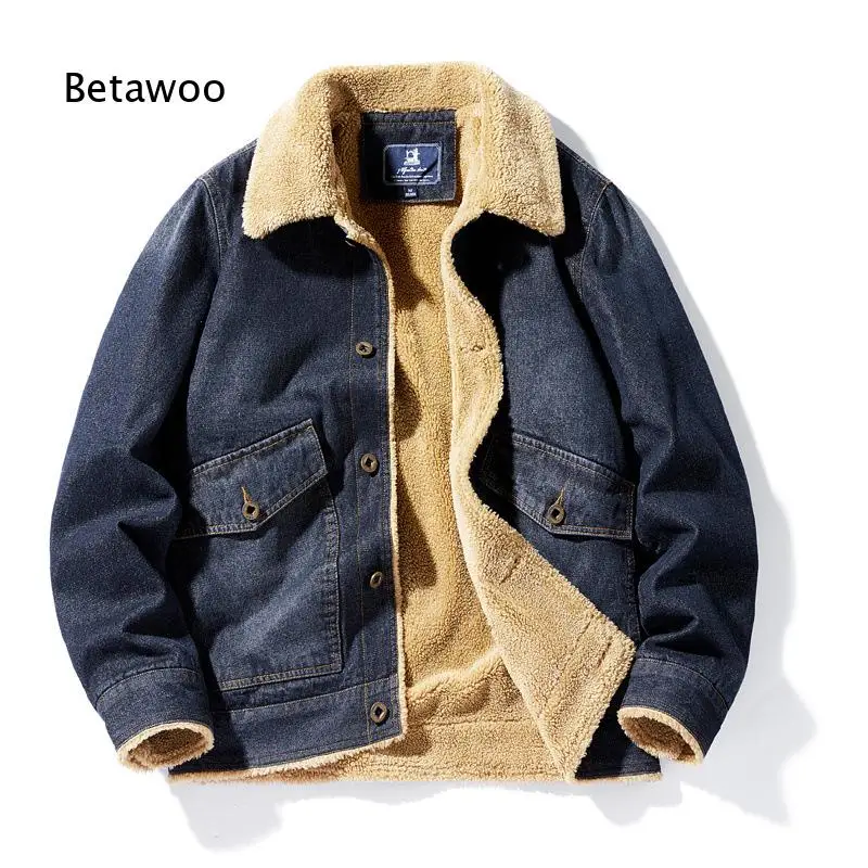 Men Lapel Fleece Lined Denim Jacket Button Up Loose Retro Thick Warm Winter Outerwear for Daily Street Wear