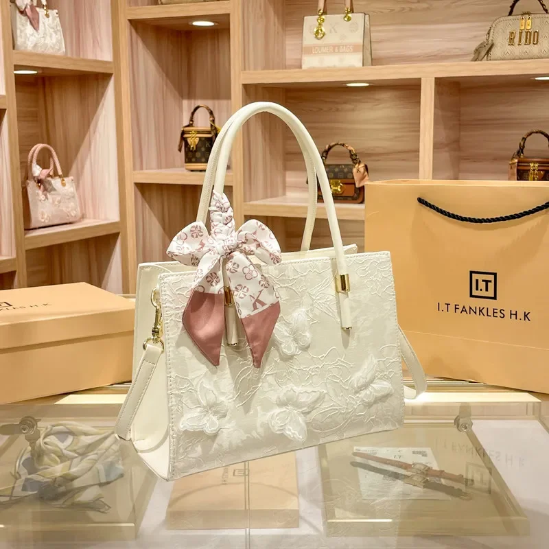 Sweet and Versatile Handheld Tote Bag with Exquisite Embroidery Butterfly and Scarves 2026 Women's Large Capacity Crossbody Bag