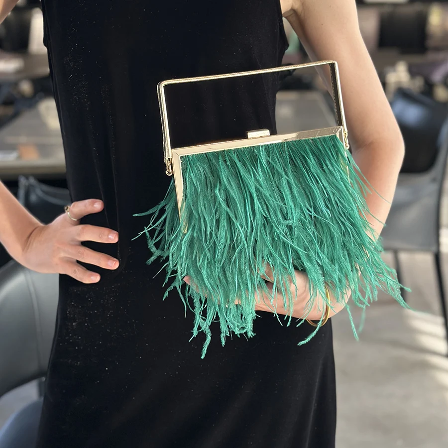 Luxury Fashion Ostrich Hair Clutch Purse High Quality Exquisite Women Handbag Wedding Party Banquet Bag Shoulder Crossbody Bag