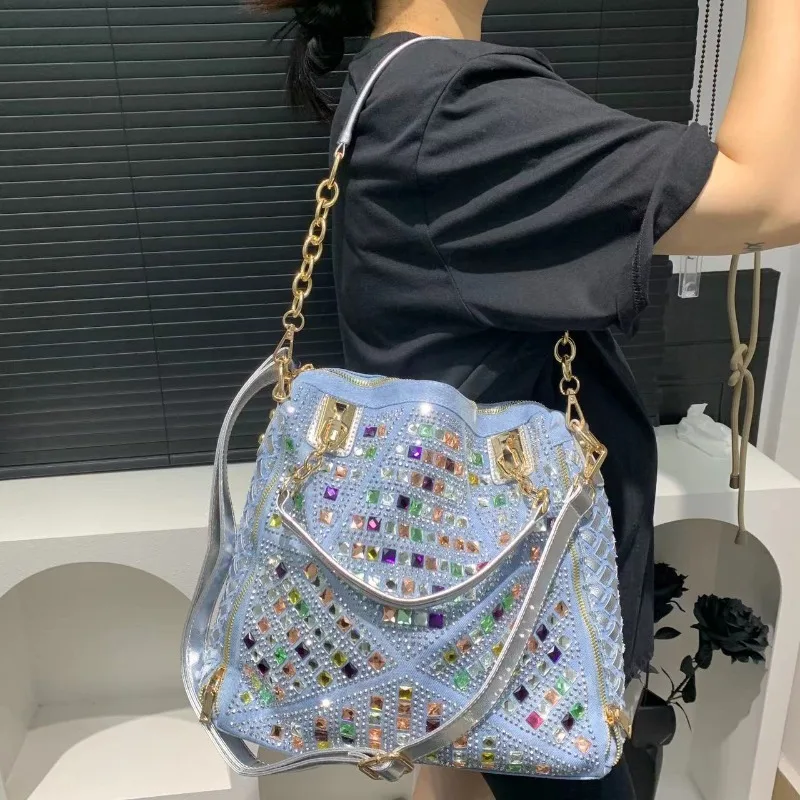 Women's Fashion Denim Braided Tote Bag Large Capacity Diamond Shoulder Handbag