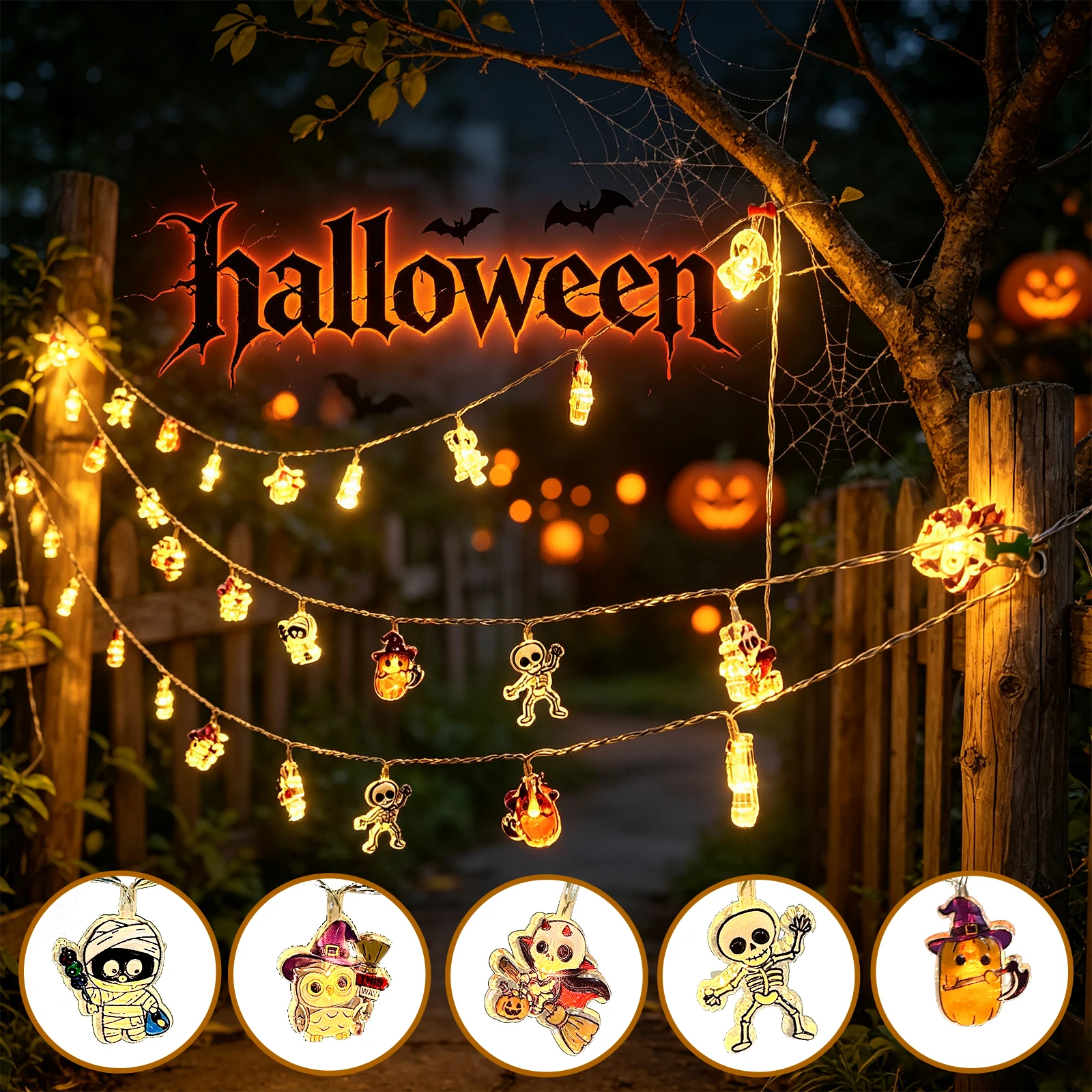 1pc Halloween LED String Lights With Mummy Owl Skeleton Witch Pumpkin Battery Powered For Home Bedroom Party Festival Decoration
