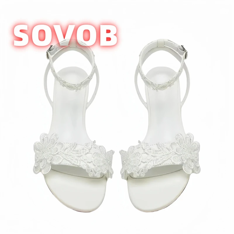 Women's Wedding Flat Sandals,White Lace Floral Open-Toe Sandals, Elegant Buckle Slingback Sandals,Bridal Wedding Shoes for Women