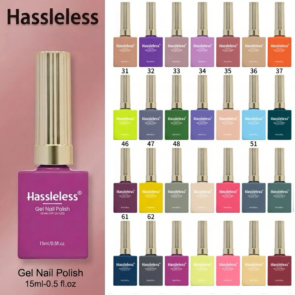 Hassleless Solid Color Gel Nail Polish, 15ml large capacity, removable UV/LED gel polish, made with hypoallergenic and environme