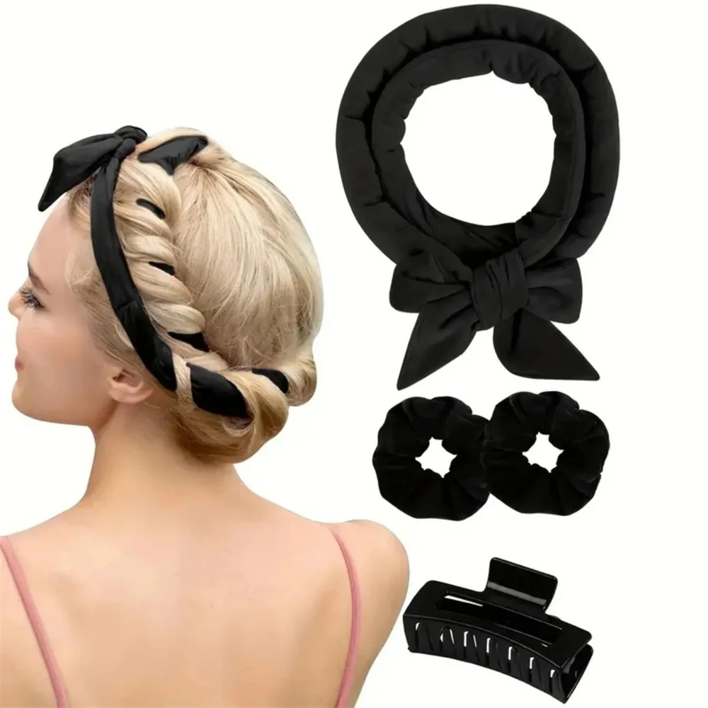 4pcs/1set Heatless Curly Hair Curling Lron Bow Set Hair Band Hair Starcher Hair Styling Sleep Hair Clips