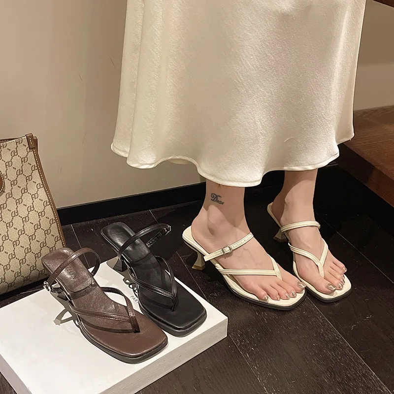 Summer Fashion Square Toe Buckle Strap Women's Heeled Mules 2026 New Solid Clip Toe Outdoor Casual Stiletto Women Shoes Tacones