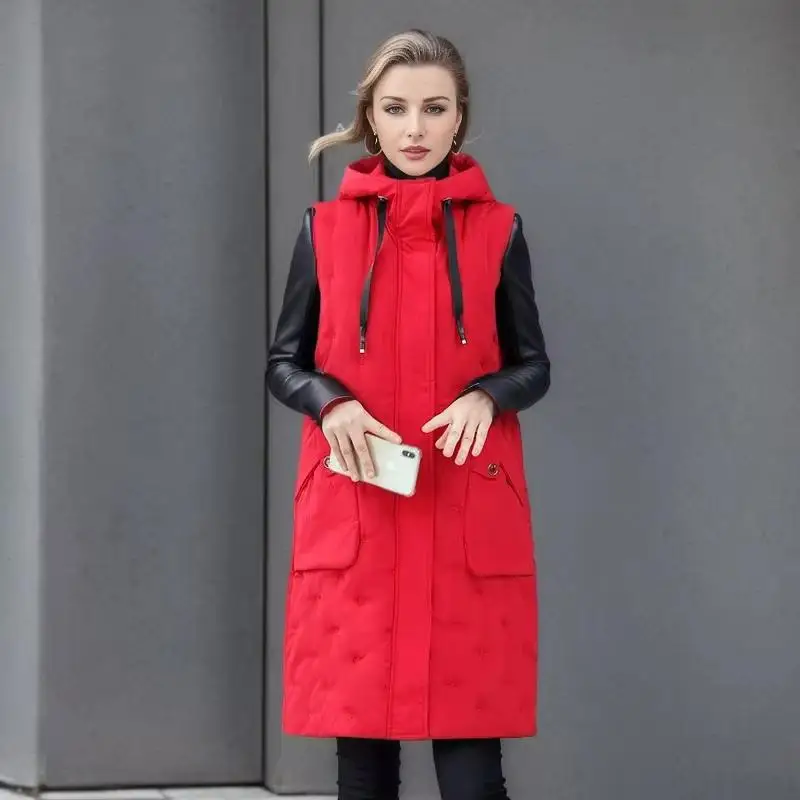 Women Parkas Sleeveless Solid Vests Loose Zippers Long Coats Hooded Pockets Outerwear Elegant Casual Waistcoat Winter 2024