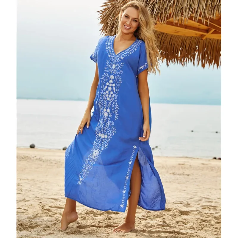 Swimsuit Cover Ups Embroidery V Neck Short Sleeve Swim Cover Up for Women Kaftan Dresses