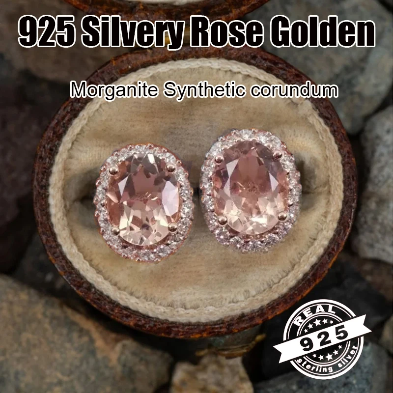 100% 925 Silver Morganite Color Oval  Rose Gold Plated Earrings Elegant Women Wedding Party Birthday Gift korean earrings