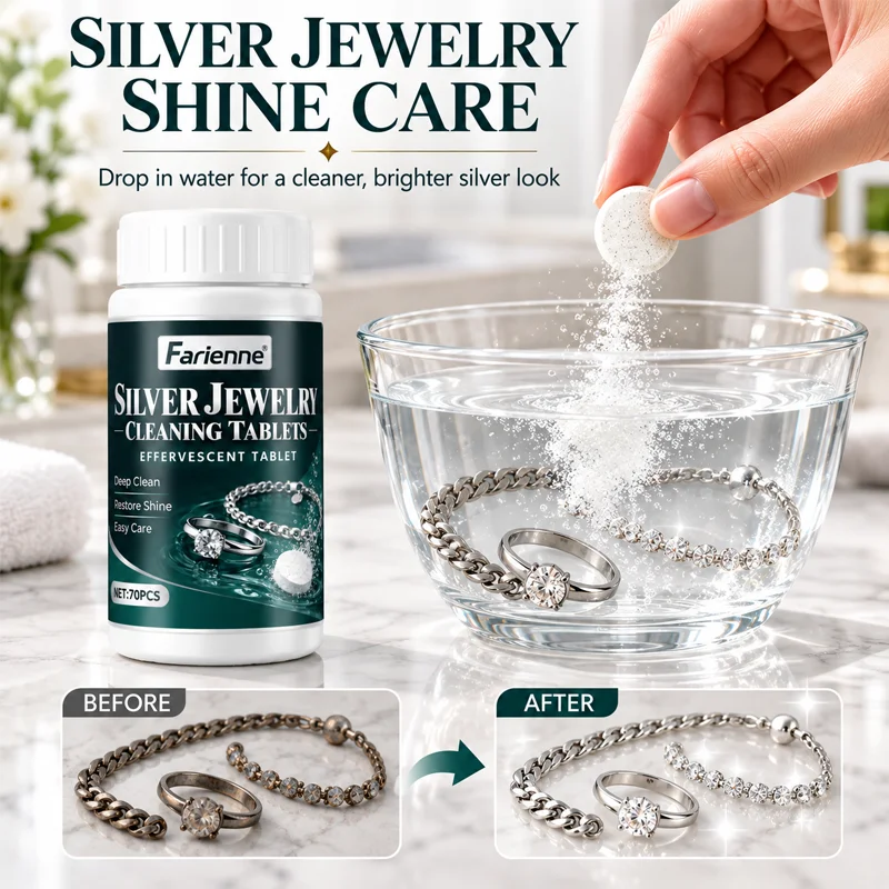 Farienne Jewelry Cleaner Tablets Silver Polish Daily Care Rings Earrings Bracelets Effervescent Brighten Home Use 70Pcs
