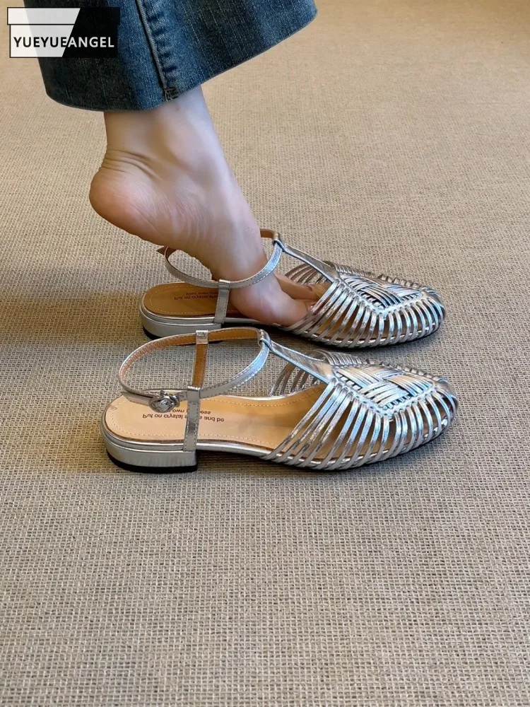 Retro Summer Women Buckle Sheepskin Genuine Leather Sandal Close Toe Weave Hollow Out Flat Shoes Breathable Strap Casual Sandals