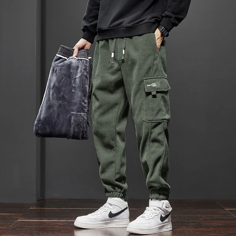 Fashion Men's Fleece Harem Casual Pants Winter New Pocket Green Plush Cargo Male Thickened Warm Velvet Trousers Large Size 5XL