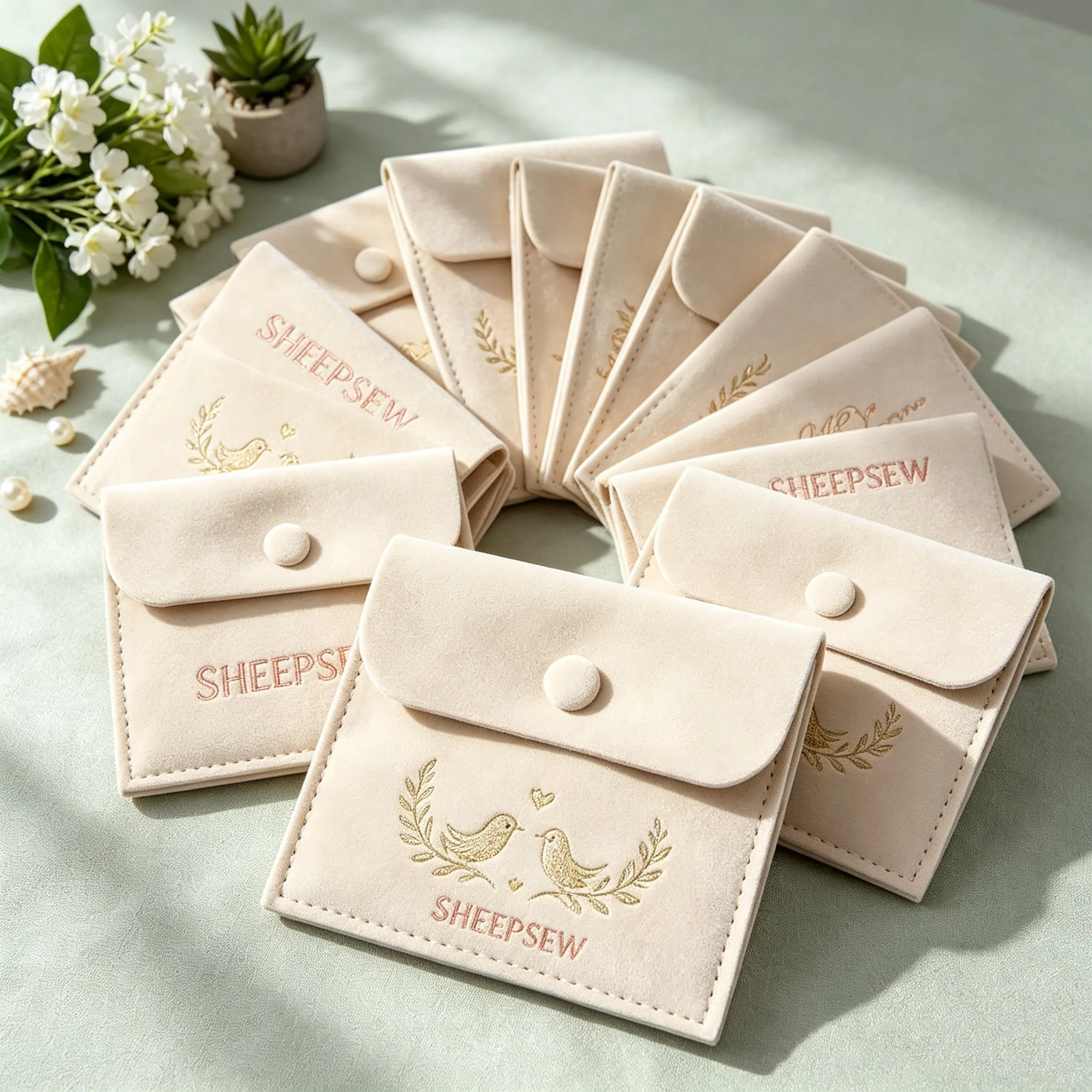 Custom Logo Cream Microfiber Velvet Pouch Wedding Gift Snap Pouch Perfume Candle Jewelry Earring Button Pouch With Divider