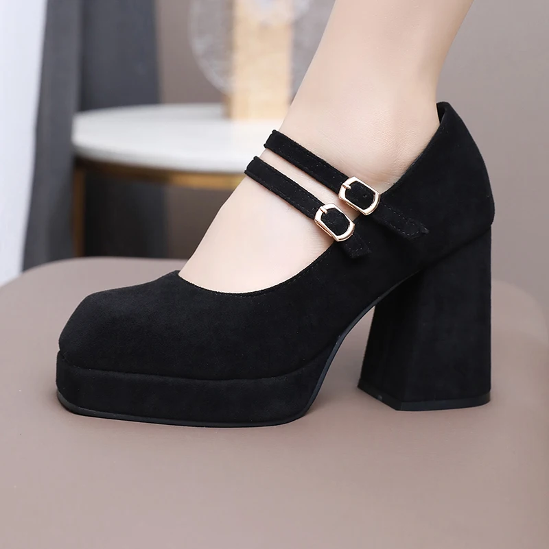 Plus Size Frosted Flock Material Double Breasted Buckle Super High Heel Mary Jane Shoes Hollow Out Breathable Women's Pumps