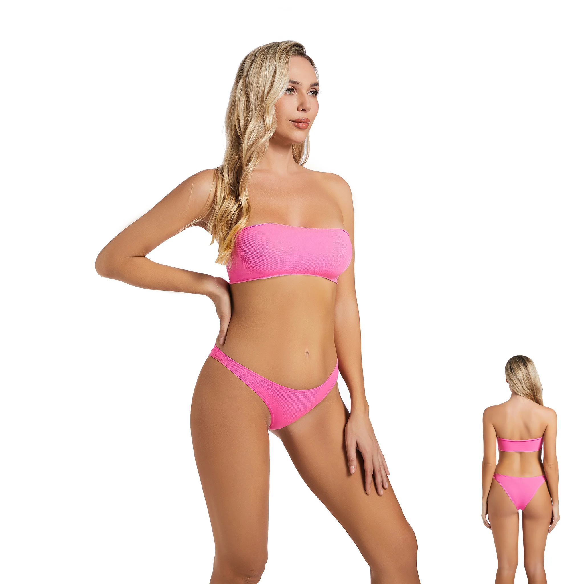 Volagor Strapless Bandeau Bikini Tan Through Neon Pink Swimwear No Shoulder Strap Sun Permeable Two Piece Set Sexy Bathing Suit