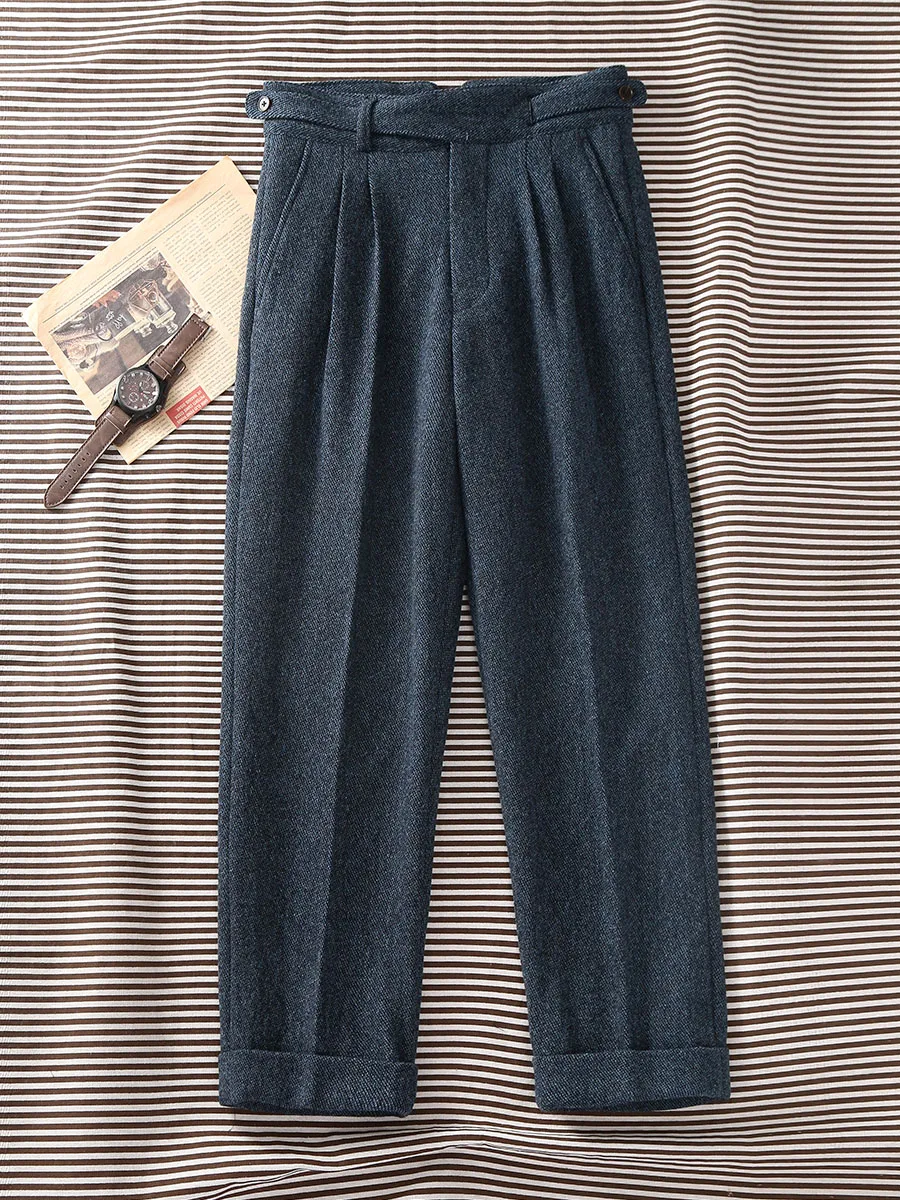 Men's Navy Twill Melange Tweed Trousers  Simplified Gurkha Waist, Straight-Leg Casual Pants, 100% Wool
